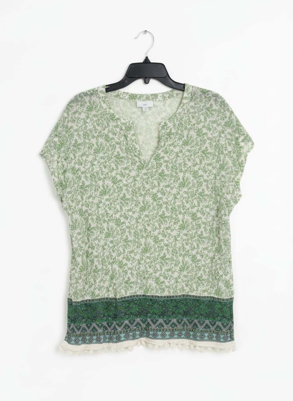 J.Jill Vineyard Border Print Crinkle Lattice Gauze Tunic with Tassel Hem